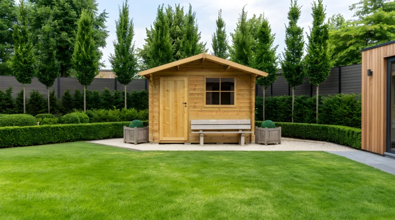 Houten tuinhuis van Gardival in een verzorgde tuin